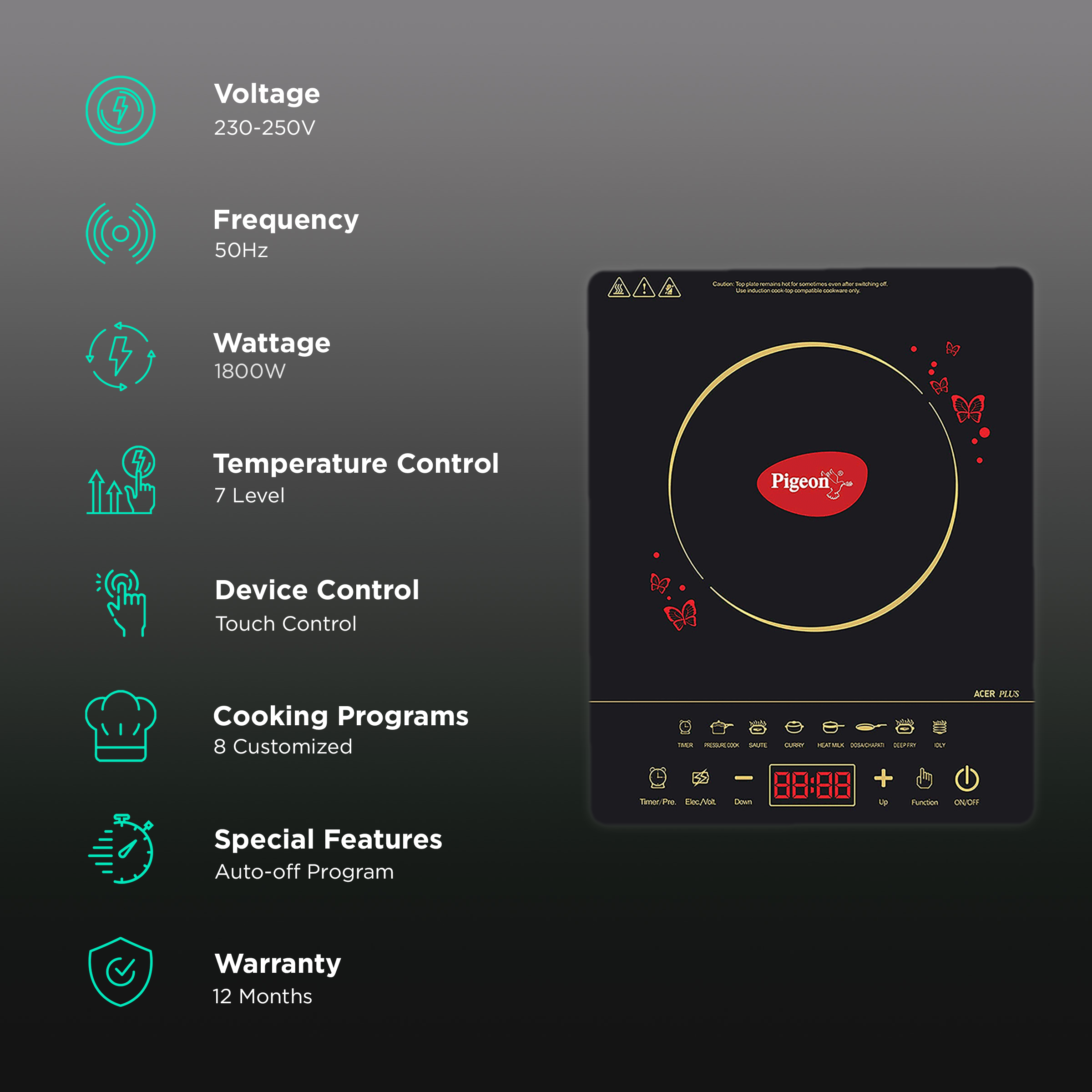 Buy Pigeon Acer Plus 1800W Induction Cooktop with 8 Preset Menus